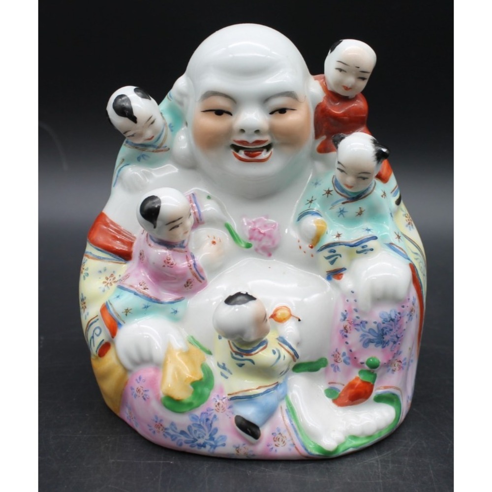 Vintage Chinese Porcelain Laughing Buddha w Children Figurine Hand Painted 5"